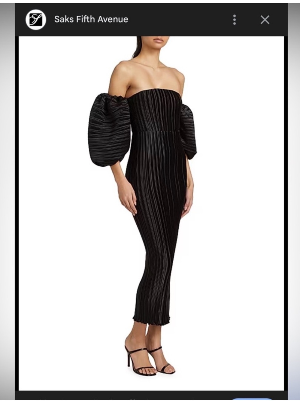 L’Idee Strapless Black Pleated Midi Dress with Statement Puff Sleeves